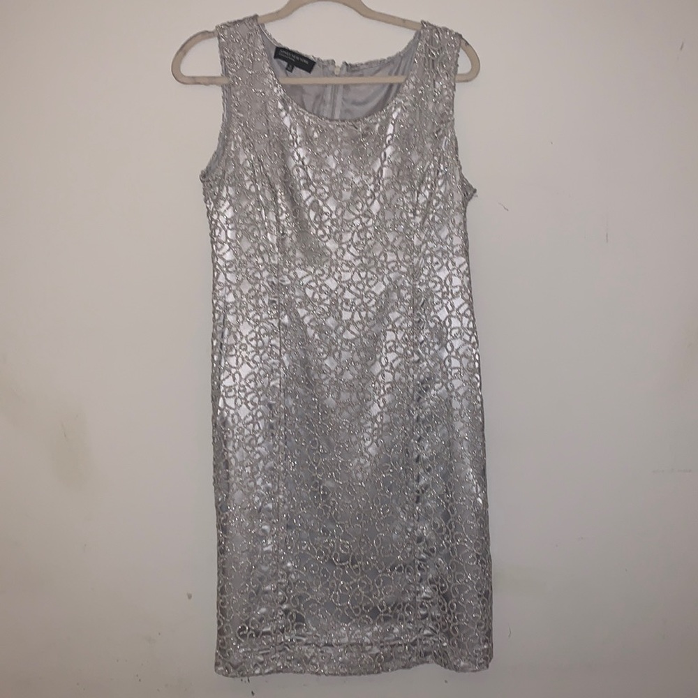 Jones New York silver sleeveless dress with lace over top cover